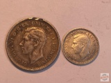 Coins - 2 silver coins- 1943s Australia Shilling, Georgivs VI and 1944 Three Pence