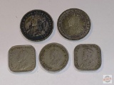 Coins - 5 Foreign coins - 2 Ceylon 5 cent 1920 & 1926, 3 Stratus Settlements 20 cents 1926 &1927