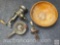 Early kitchen primitives, lg. counter mount meat grinder, lg. wooden bowl, beaters