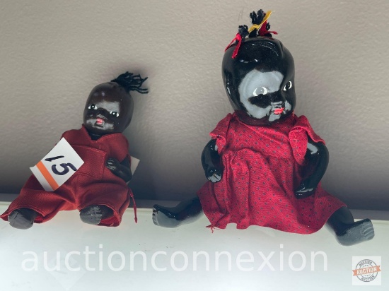 Black Americana - 2 porcelain, jointed baby dolls, 5"h and 5.5"h