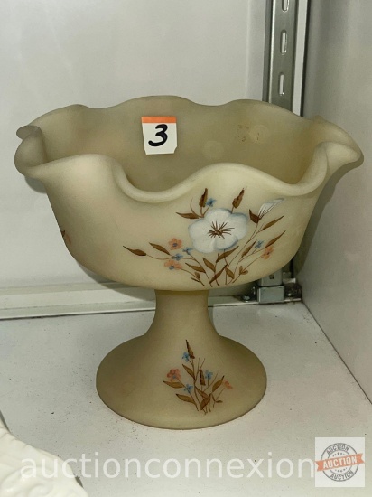Fenton Pedestal bowl, ruffled rim, hand painted, signed, 6"hx7"w