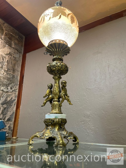 Table top Parlor lamp, ornate metal cherub motif, West Germany globe & Italian marble base, 36"h