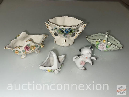 5 items - 4 Ornate trinket artware, W. Germany, Japan, hand painted and sm. cat figurine