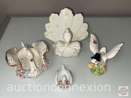 4 Art ware Figurines - candy dish, towel holder etc., 3 swan, 1 goose