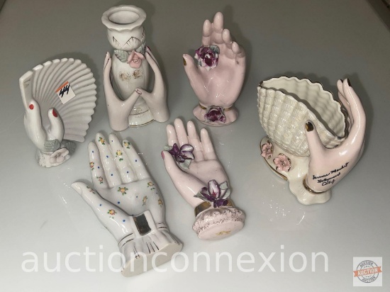 6 Hand motif art ware, vases & trinket holders