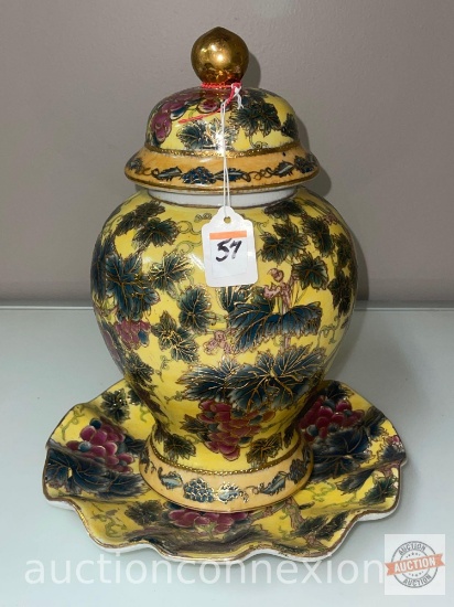 Asian Ginger Jar & plate - Hand painted decor jar 12"h with fluted plate 10"w