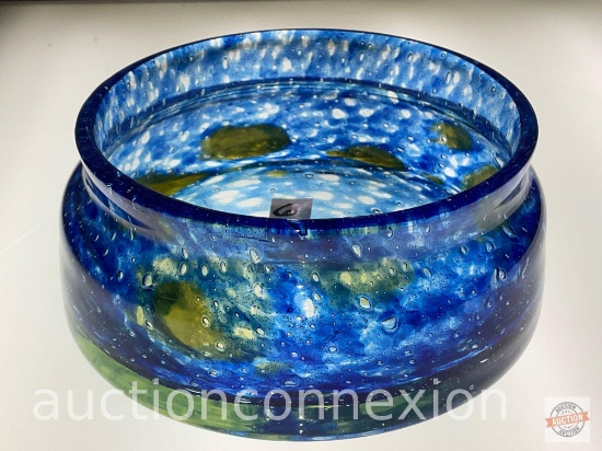 Studio Art glass bowl, blue 8"wx3.5"h