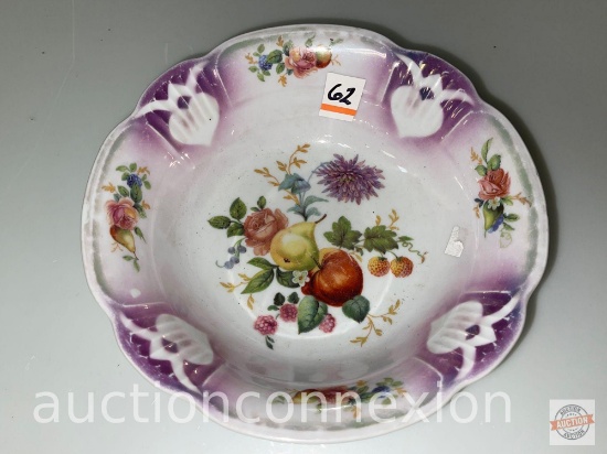Vintage serving bowl - Fruit motif transferware, Germany 9"w