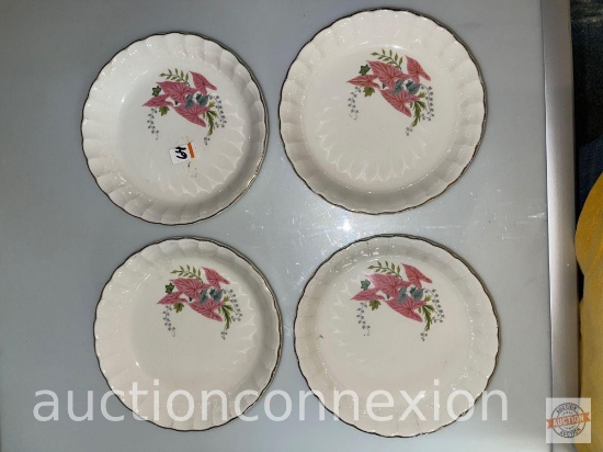 4 vintage Anthurium Bowls, Transfer ware with ruffled rim, 7.75"w