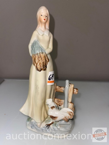 2 lg. porcelain figural figurines, Girl w/chicken 9"h, boy w/lamb 9.75"h, metal jewelry tree 12"h