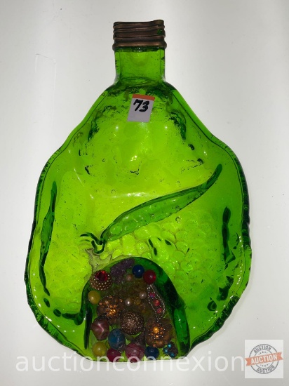 Art glass trinket/candy dish, jeweled bottle, green 12"wx6.5"w