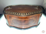 Ornate inlaid wood, lined storage box, footed, metal trimmed w/ handles 14