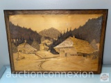 Artwork - carved wooden mountain village scene, 17.75