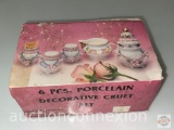 6 pc. porcelain decor cruet set, covered sugar, creamer, salt/pepper, toothpick holder in orig. box