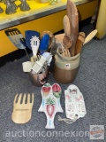 Kitchen utensils, wooden spoons, utensil holders, spoon rests