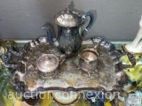 Silver plated tea set with lg. handled/footed tray, (teapot lid unhinged)