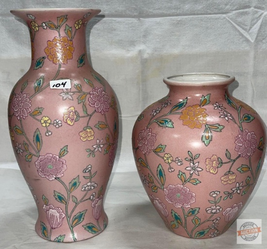 2 Pink vases w/ porcelain relief accent, 9.5"h and 12.5"h, 2x's the money