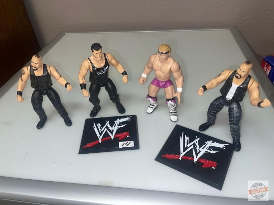 Toys - 4 WWF Wrestling Auction Figures, 1999, 6", 2 stands, 4x's-the-money