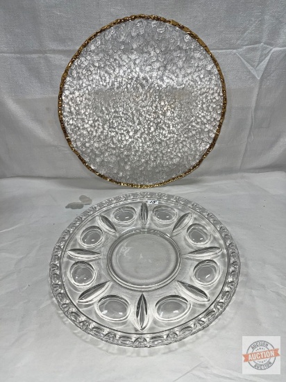 Glassware/Dish ware - 2 lg. Clear round serving platters, 14"w thumbprint & 14.5"w gold rimmed