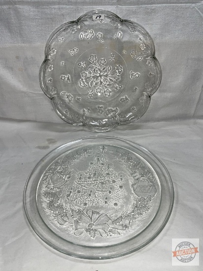 Glassware - Dish ware - 2 round serving platters, emossed designs, 12"w floral & 13"w Christmas Tree