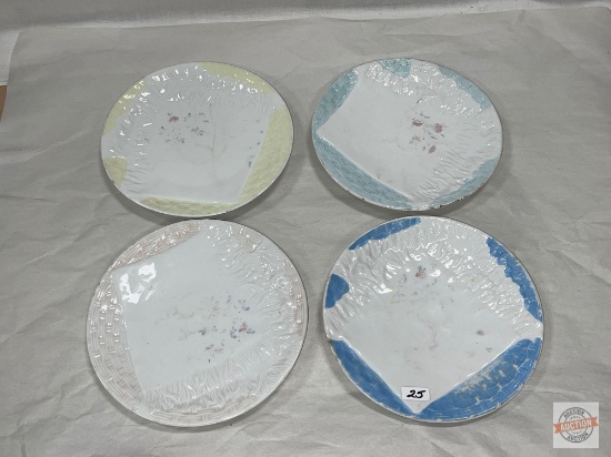 Dish ware - 4 vintage 8.5"w luncheon plates, embossed transferware floral motif, 1 w/hairline crack