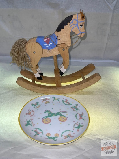 Decor wooden Rocking horse, jointed, gallops when rocks, 12"wx10"h & Toyland 7.5"w plate Toscany