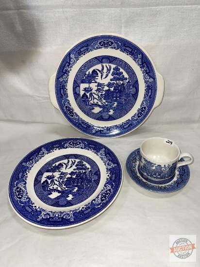 Dish ware - 2 Blue & white Willow ware plate10"w & platter 11.5"w and Churchill England Cup & Saucer