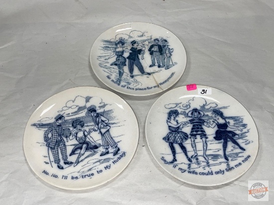Dish ware - 3 Blue/white cute vintage cartoon plates, F & VI England, 7 5/8" (1 as is cracked/glued)