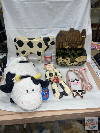 Decor Cow motif - Wooden cows 11"h, tin cow decor 11"h, lg. cow pillow & pig ice cream scoop