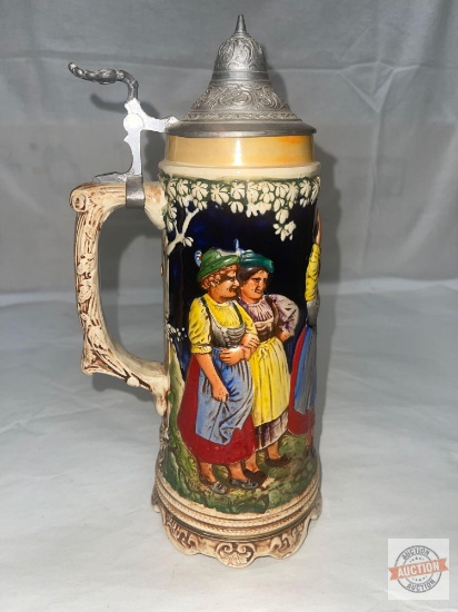 German musical stein with lid, relief design, 11.5"h, not working