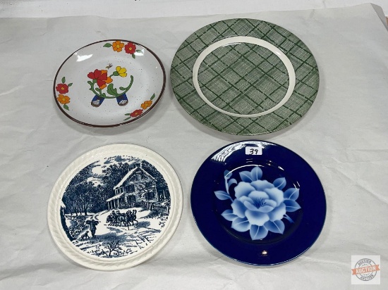 Dish ware - 4 Plates, Currier & Ives design 7 5/8"w and Takaheshi Peony in Glaze 7.5"w, Green Harmon