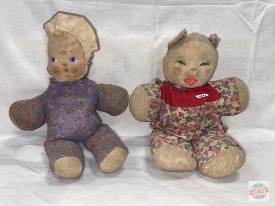 2 Vintage cloth dolls - Gund Sitting Cat 13"h and Girl 15"h