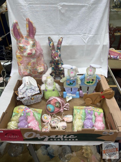 Easter Decor - Wooden rabbits 11"h, baskets, 2 pkgs 3 ct Bunny candy boxes etc.