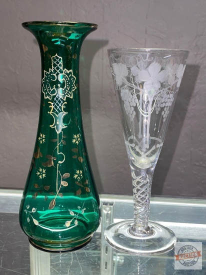 Glassware - Vase 9"h green w/gold fleck and Goblet stemware 8"h w/etched grapes motif