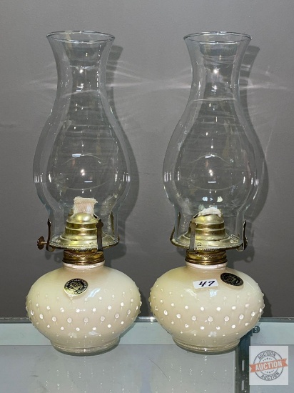 Kerosene Lamps - 2 Hobnail "Lamplight Farms" Kerosene table lamps, 13"h w/shades