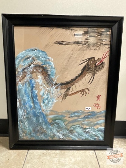 Artwork - Asia, Dragon painted on silk, framed, signed Tsutae Dayley, 18.5"wx22.5"h