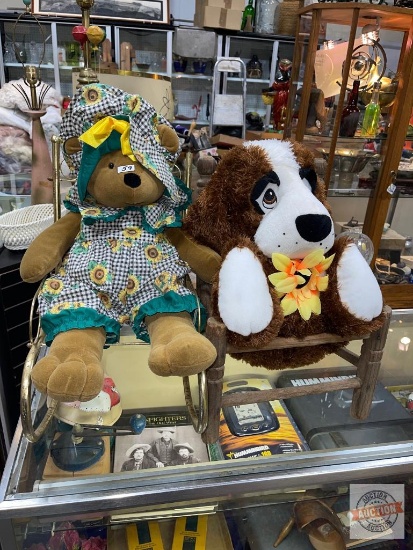 Toys - 2 Large stuffed animals - Russ 20"h Sunflower Bear in metal 18" rocker & Toy Factory 16"h Dog