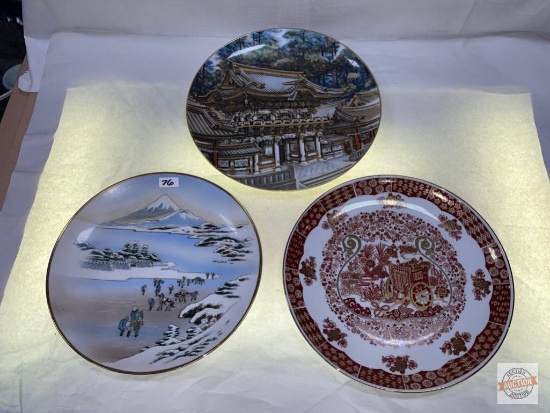 3 Japanese motif plates, - 1 Noritake Nippon Toki Kaish, 10"w & 10.5"w