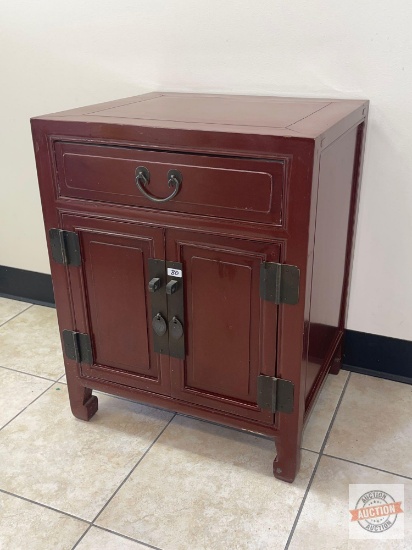 Asian styled red nightstand/cabinet, 2 door, 1 drawer, 1 shelf