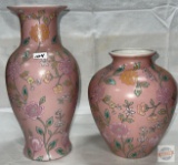 2 Pink vases w/ porcelain relief accent, 9.5