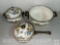 3 Vintage Asta West German enamelware cookware, brass handles