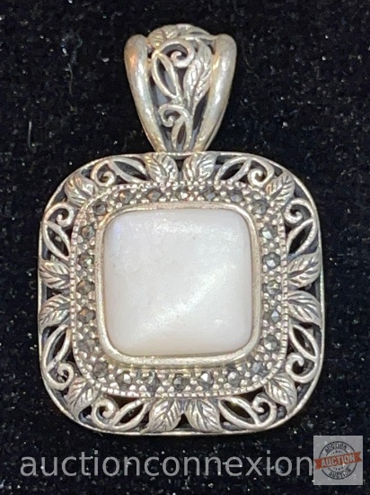 Jewelry - Pendant, Marked .925 Thailand, Mother of Pearl and marcasites, 1"