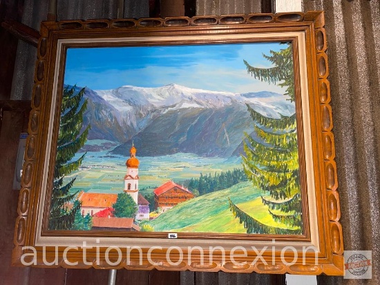 Artwork - Oil on canvas, Swiss Mountains, ornate wood framed 32"hx38"w