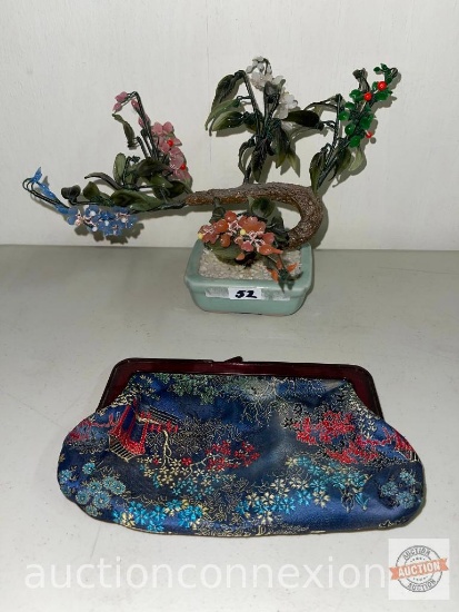 Japanese glass bonsai tree and small clutch purse, 7"hx10"w
