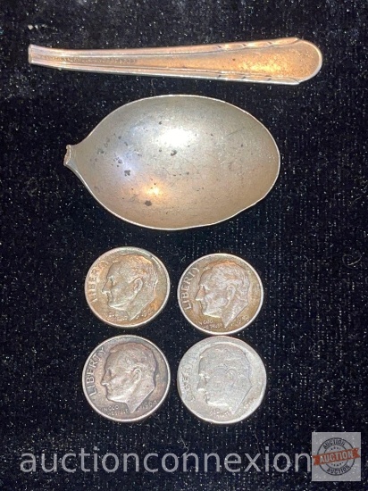 Silver - 4 - Eisenhower Dimes, 1964,1965 and 1966, Sterling spoon 1929 as is