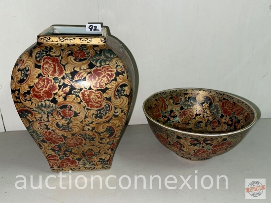 2 Japanese Decorative Dish ware, Squared Urn 9.5"hx8"w & bowl 3.5"hx8"w, ornate floral motif