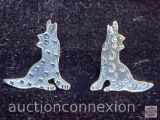 Jewelry - Earrings, pierced, .925 sterling silver Native American howling coyote, Signed RL, 1985