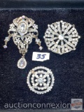 Jewelry - Brooches, 3 large rhinestone brooches, missing stones