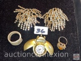 Jewelry - Lady bug Annibel pendant watch, 2 rings, pr. rhinestone clip-on earrings