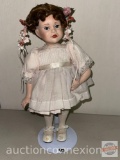 Porcelain Collector Doll w/ stand, cloth body, 14
